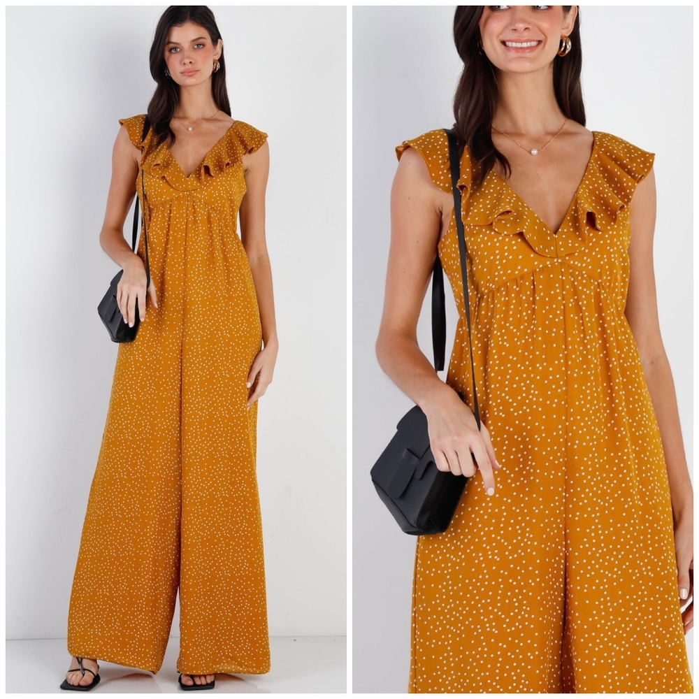 FEW LEFT❗️SUGAR + LIPS Mustard Ditsy Dots Wide Leg Jumpsuit - Picture 5 of 5